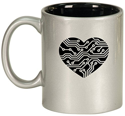 Ceramic Coffee Tea Mug Cup Heart Love Technology IT Computer (Silver)