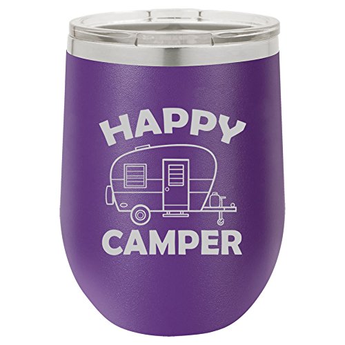 12 oz Double Wall Vacuum Insulated Stainless Steel Stemless Wine Tumbler Glass Coffee Travel Mug With Lid Happy Camper (Purple)