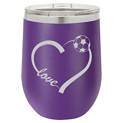 12 oz Double Wall Vacuum Insulated Stainless Steel Stemless Wine Tumbler Glass Coffee Travel Mug With Lid Love Heart Soccer (Purple)