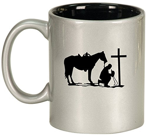 Ceramic Coffee Tea Mug Cup Cowboy Praying Cross Horse (Silver)