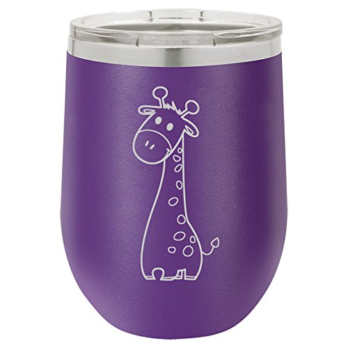 12 oz Double Wall Vacuum Insulated Stainless Steel Stemless Wine Tumbler Glass Coffee Travel Mug With Lid Cute Giraffe (Purple)