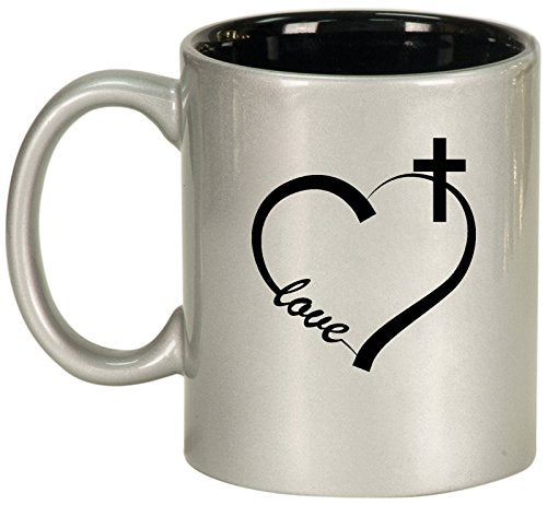 Ceramic Coffee Tea Mug Cup Love Heart Cross Christian (Silver)
