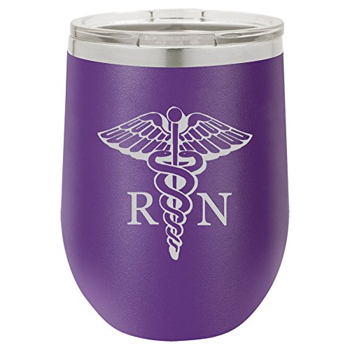 12 oz Double Wall Vacuum Insulated Stainless Steel Stemless Wine Tumbler Glass Coffee Travel Mug With Lid RN Registered Nurse (Purple)