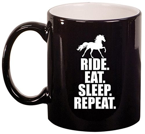 Ceramic Coffee Tea Mug Horse Ride Eat Sleep Repeat (Black)