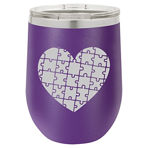 12 oz Double Wall Vacuum Insulated Stainless Steel Stemless Wine Tumbler Glass Coffee Travel Mug With Lid Heart Puzzle Autism (Purple)