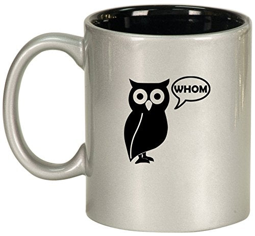 Ceramic Coffee Tea Mug Grammar Funny Owl Who Whom (Silver)