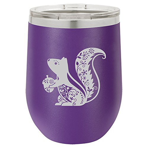 12 oz Double Wall Vacuum Insulated Stainless Steel Stemless Wine Tumbler Glass Coffee Travel Mug With Lid Fancy Squirrel (Purple)