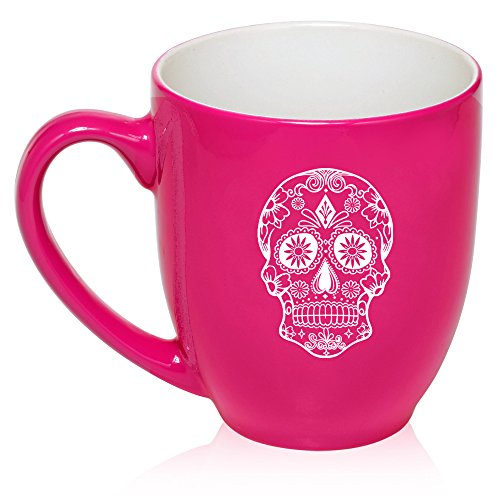 16 oz Large Bistro Mug Ceramic Coffee Tea Glass Cup Sugar Candy Skull (Hot Pink)