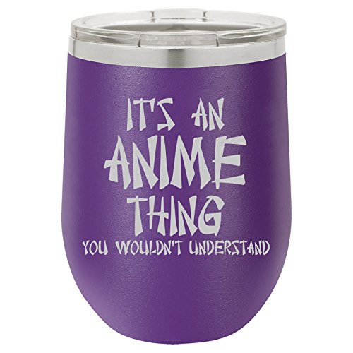 12 oz Double Wall Vacuum Insulated Stainless Steel Stemless Wine Tumbler Glass Coffee Travel Mug With Lid It's An Anime Thing (Purple)