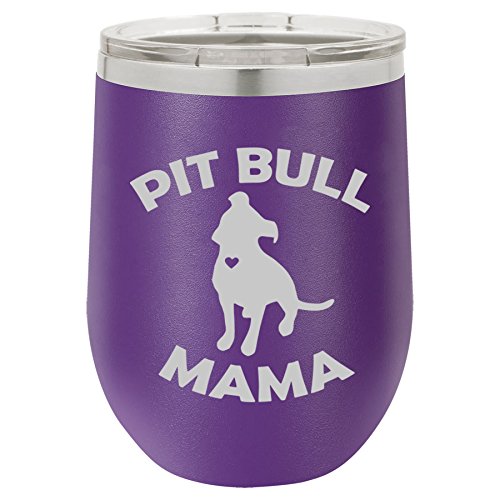 12 oz Double Wall Vacuum Insulated Stainless Steel Stemless Wine Tumbler Glass Coffee Travel Mug With Lid Pit Bull Mama (Purple)