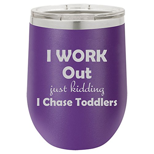 12 oz Double Wall Vacuum Insulated Stainless Steel Stemless Wine Tumbler Glass Coffee Travel Mug With Lid I Work Out Just Kidding I Chase Toddlers Mom Teacher (Purple)