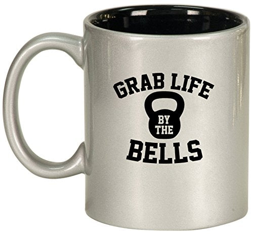 Ceramic Coffee Tea Mug Grab Life By The Bells Kettlebell Funny Workout Fitness (Silver)