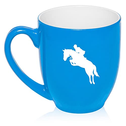 16 oz Light Blue Large Bistro Mug Ceramic Coffee Tea Glass Cup Jockey Horse with Rider,MIP