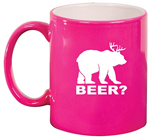 Ceramic Coffee Tea Mug Cup Deer + Bear = Beer Funny (Pink)