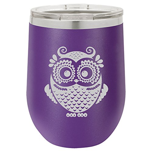 12 oz Double Wall Vacuum Insulated Stainless Steel Stemless Wine Tumbler Glass Coffee Travel Mug With Lid Owl Vintage (Purple)