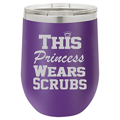 12 oz Double Wall Vacuum Insulated Stainless Steel Stemless Wine Tumbler Glass Coffee Travel Mug With Lid This Princess Wears Scrubs Nurse (Purple)
