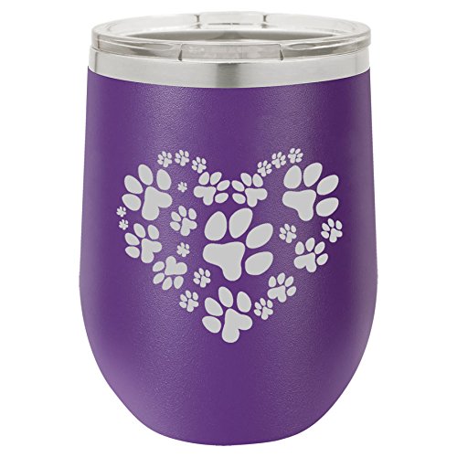 12 oz Double Wall Vacuum Insulated Stainless Steel Stemless Wine Tumbler Glass Coffee Travel Mug With Lid Heart Paw Prints (Purple)