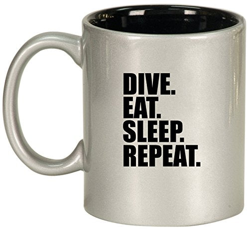 Ceramic Coffee Tea Mug Cup Dive Eat Sleep Repeat (Silver)