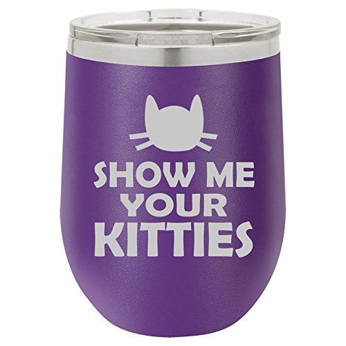 12 oz Double Wall Vacuum Insulated Stainless Steel Stemless Wine Tumbler Glass Coffee Travel Mug With Lid Show Me Your Kitties Funny Cat (Purple)