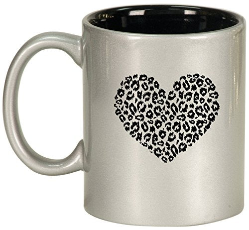Ceramic Coffee Tea Mug Cup Leopard Print Love Heart (Silver)