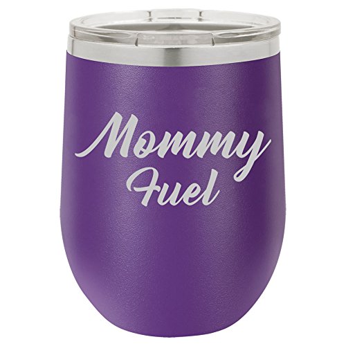 12 oz Double Wall Vacuum Insulated Stainless Steel Stemless Wine Tumbler Glass Coffee Travel Mug With Lid Mommy Fuel Mom Mother (Purple)