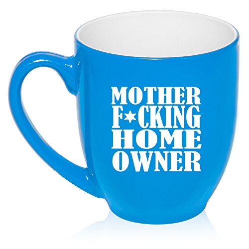 16 oz Large Bistro Mug Ceramic Coffee Tea Glass Cup Mother F ing Home Owner House Warming (Light Blue)