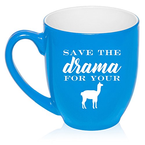16 oz Large Bistro Mug Ceramic Coffee Tea Glass Cup Save The Drama For Your Llama (Light Blue)