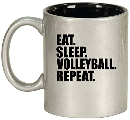 Ceramic Coffee Tea Mug Cup Eat Sleep Volleyball Repeat (Silver)