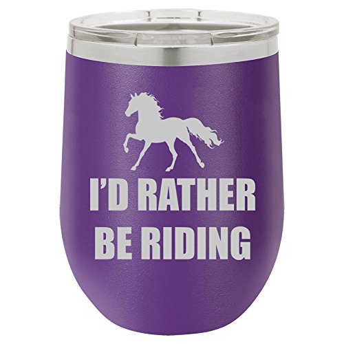 12 oz Double Wall Vacuum Insulated Stainless Steel Stemless Wine Tumbler Glass Coffee Travel Mug With Lid I'd Rather Be Riding Horse (Purple)