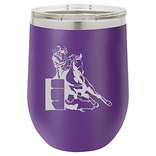 12 oz Double Wall Vacuum Insulated Stainless Steel Stemless Wine Tumbler Glass Coffee Travel Mug With Lid Female Barrel Racing Cowgirl (Purple)