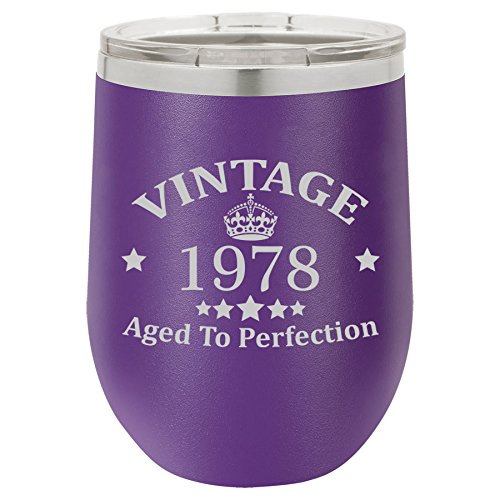 12 oz Double Wall Vacuum Insulated Stainless Steel Stemless Wine Tumbler Glass Coffee Travel Mug With Lid Vintage Aged To Perfection 1978 Birthday 40th Birthday (Purple)
