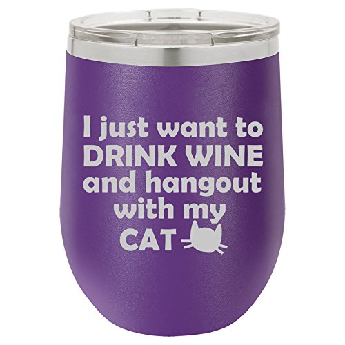 12 oz Double Wall Vacuum Insulated Stainless Steel Stemless Wine Tumbler Glass Coffee Travel Mug With Lid Drink Wine And Hang Out With Cat (Purple)