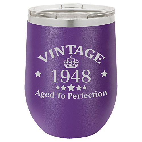 12 oz Double Wall Vacuum Insulated Stainless Steel Stemless Wine Tumbler Glass Coffee Travel Mug With Lid Vintage Aged To Perfection 1948 Birthday 70th Birthday (Purple)
