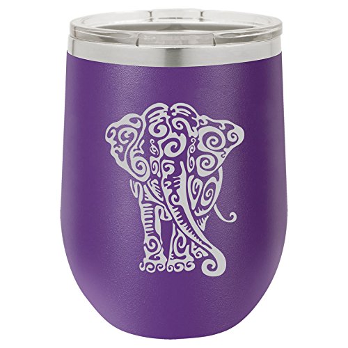 12 oz Double Wall Vacuum Insulated Stainless Steel Stemless Wine Tumbler Glass Coffee Travel Mug With Lid Tribal Elephant (Purple)
