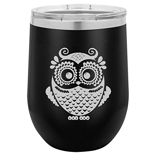 12 oz Double Wall Vacuum Insulated Stainless Steel Stemless Wine Tumbler Glass Coffee Travel Mug With Lid Owl Vintage (Black)