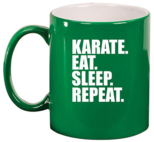 Ceramic Coffee Tea Mug Cup Karate Eat Sleep Repeat (Green)