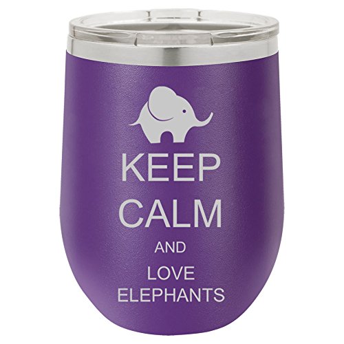 12 oz Double Wall Vacuum Insulated Stainless Steel Stemless Wine Tumbler Glass Coffee Travel Mug With Lid Keep Calm And Love Elephants (Purple)