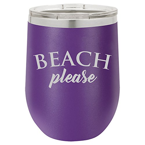 12 oz Double Wall Vacuum Insulated Stainless Steel Stemless Wine Tumbler Glass Coffee Travel Mug With Lid Beach Please (Purple)