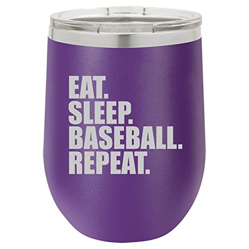 12 oz Double Wall Vacuum Insulated Stainless Steel Stemless Wine Tumbler Glass Coffee Travel Mug With Lid Eat Sleep Baseball Repeat (Purple)