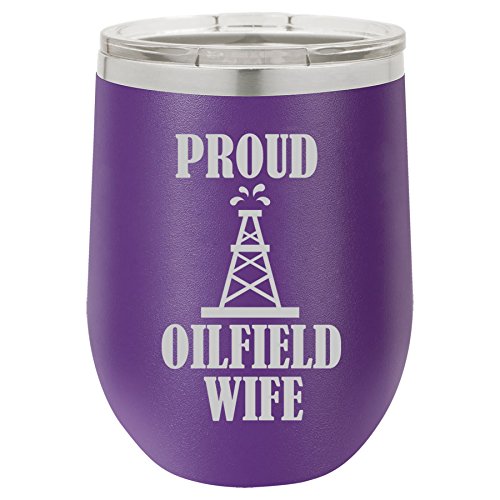 12 oz Double Wall Vacuum Insulated Stainless Steel Stemless Wine Tumbler Glass Coffee Travel Mug With Lid Proud Oilfield Wife (Purple)