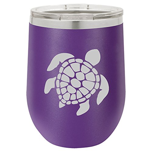 12 oz Double Wall Vacuum Insulated Stainless Steel Stemless Wine Tumbler Glass Coffee Travel Mug With Lid Sea Turtle (Purple)