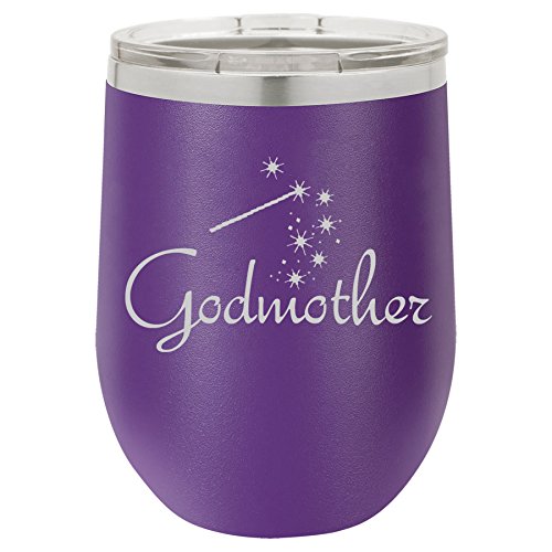 12 oz Double Wall Vacuum Insulated Stainless Steel Stemless Wine Tumbler Glass Coffee Travel Mug With Lid Godmother (Purple)