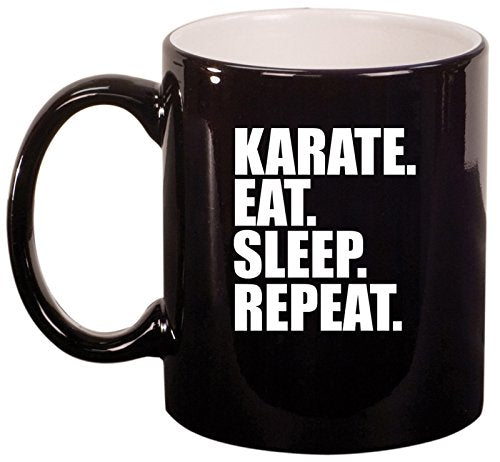 Ceramic Coffee Tea Mug Cup Karate Eat Sleep Repeat (Black)
