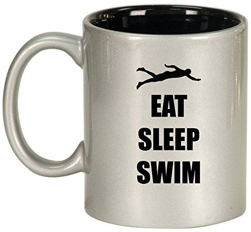 Ceramic Coffee Tea Mug Cup Eat Sleep Swim Swimmer (Silver)