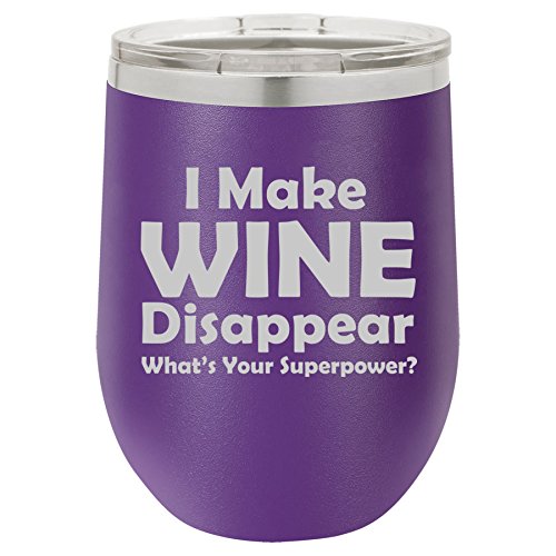 12 oz Double Wall Vacuum Insulated Stainless Steel Stemless Wine Tumbler Glass Coffee Travel Mug With Lid Funny I Make Wine Disappear What's Your Superpower (Purple)