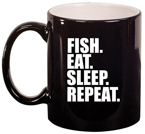 Ceramic Coffee Tea Mug Cup Fish Eat Sleep Repeat (Black)