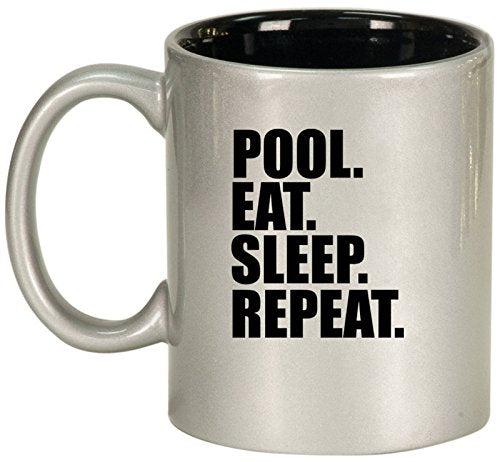 Ceramic Coffee Tea Mug Cup Pool Eat Sleep Repeat (Silver)