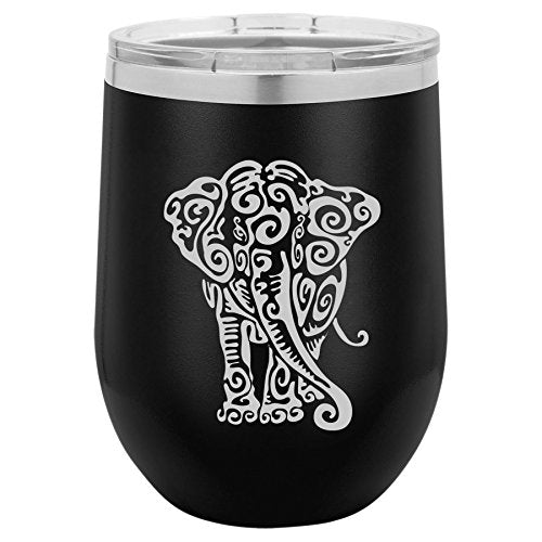 12 oz Double Wall Vacuum Insulated Stainless Steel Stemless Wine Tumbler Glass Coffee Travel Mug With Lid Tribal Elephant (Black)