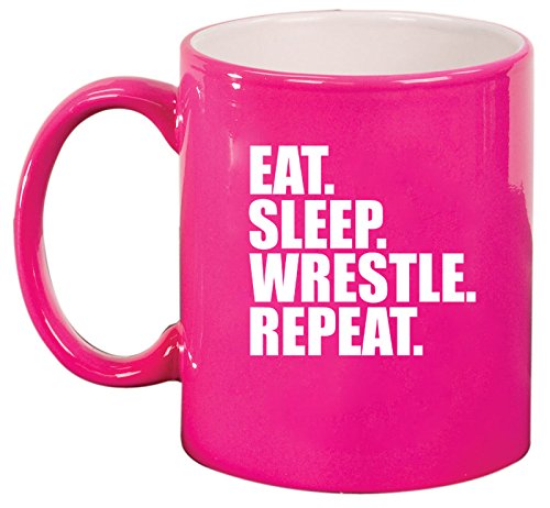 Ceramic Coffee Tea Mug Cup Eat Sleep Wrestle Repeat (Pink)