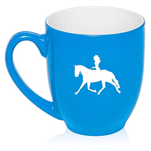 16 oz Light Blue Large Bistro Mug Ceramic Coffee Tea Glass Cup Cowgirl Riding Horse,MIP